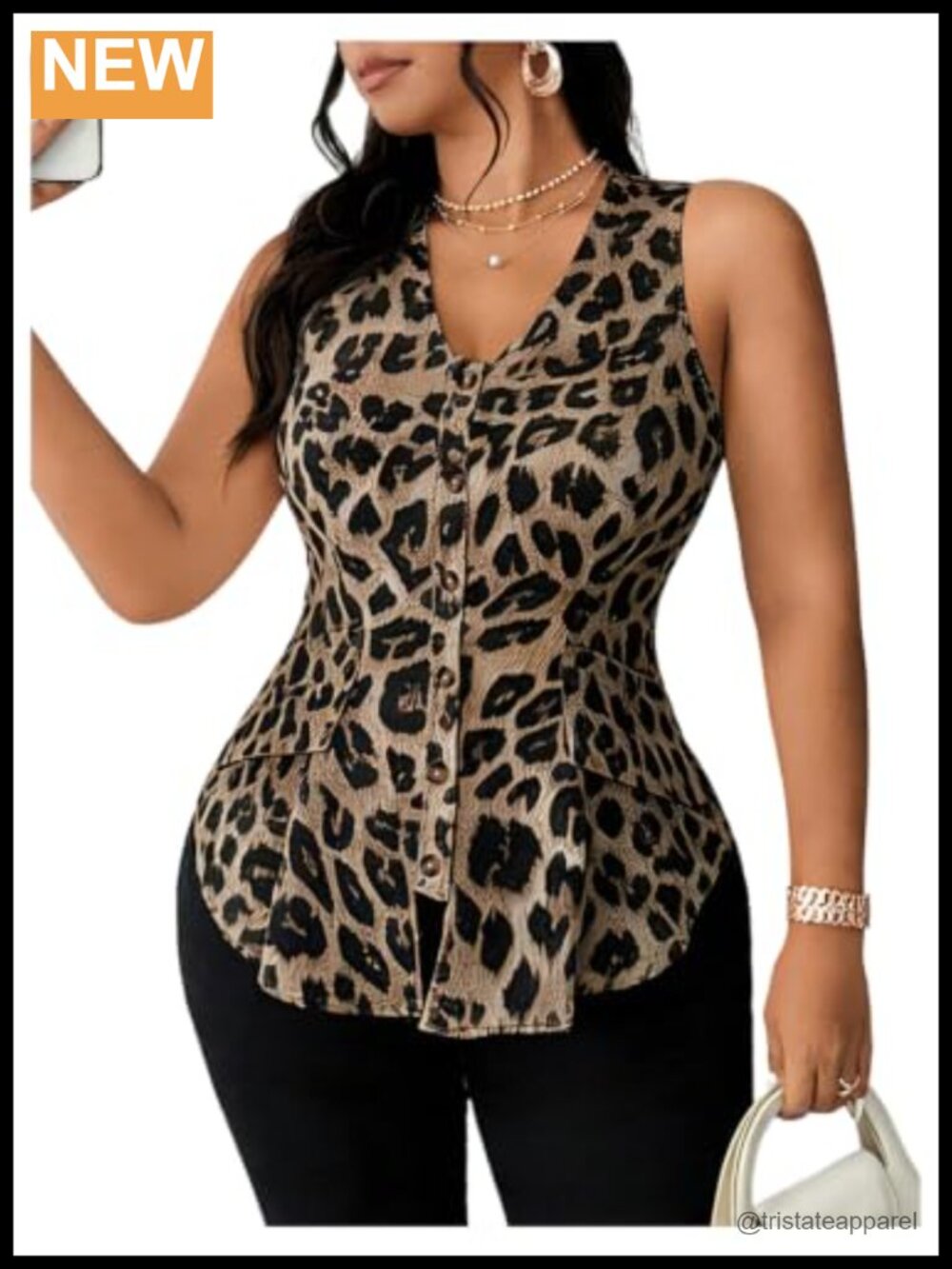 Plus Size Leopard Print Sleeveless V-Neck Button Down Blouse